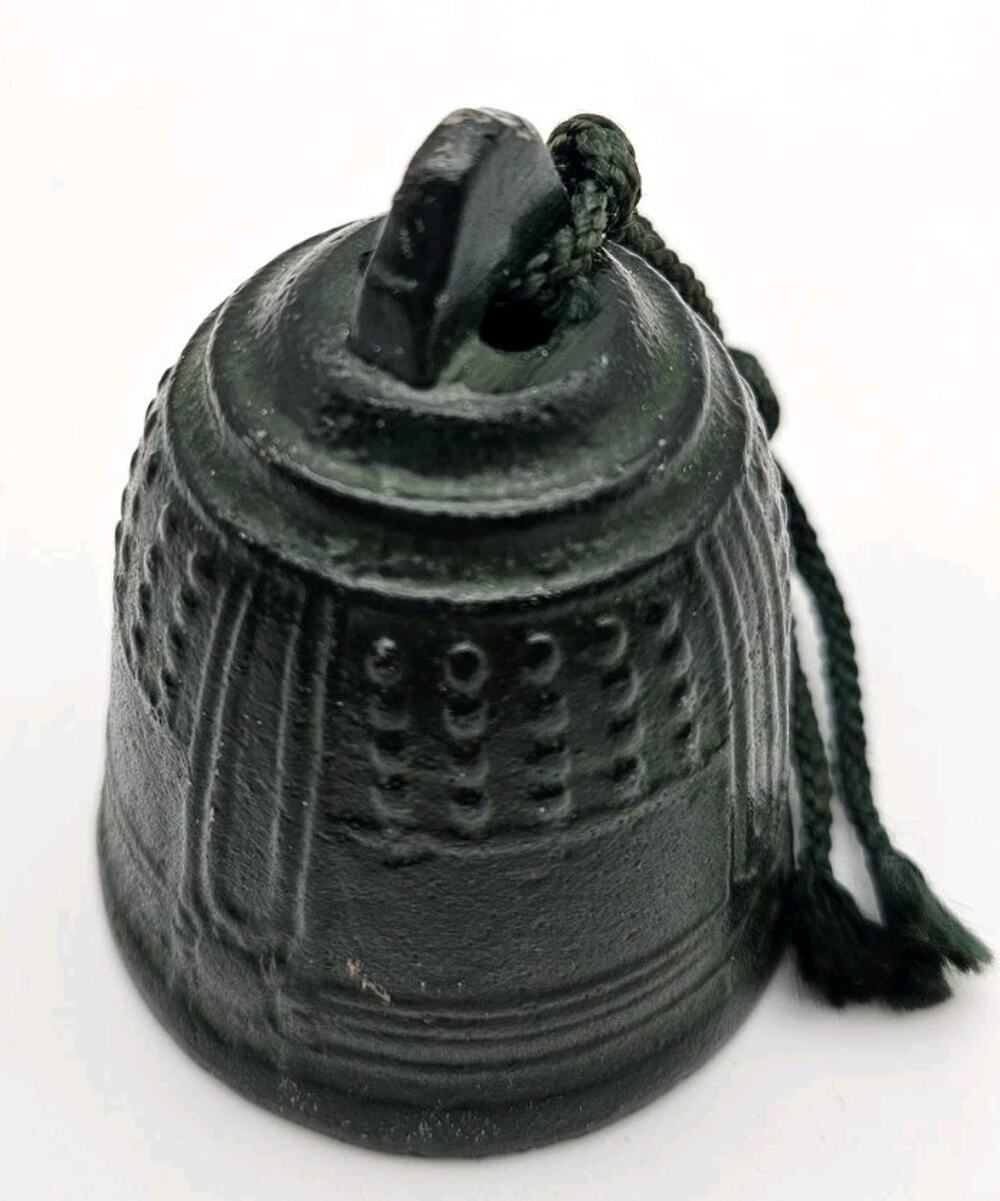 Vintage Small Dark Green / Jade Cast Metal Bell with Green Cord Tassel Embossed